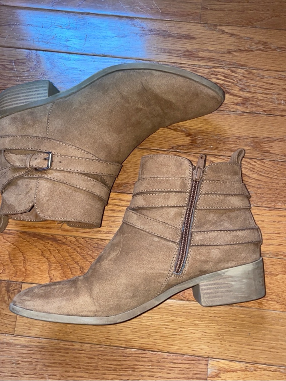 Sun + Stone Brown Suede Ankle Booties with Side Zip